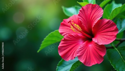 Bold hibiscus blossoms, vibrant tropical foliage , red, flowers