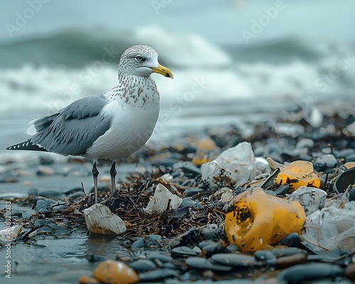 Struggling seagull on a polluted beach searching for scarce food