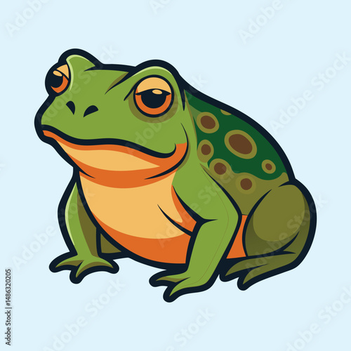 Cartoon frog with a sly smile and a green patterned back