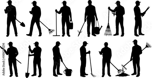 Set of vector silhouette of men with gardens tools on white background.
