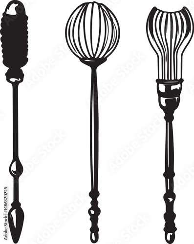 Antique Whisk Set, Vintage Kitchen Utensils, Line Art Illustration
