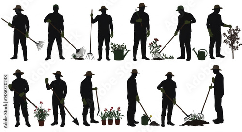 Set of vector silhouette of men with gardens tools on white background.
