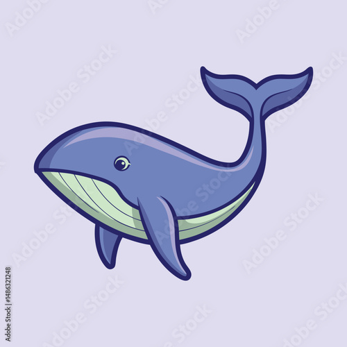 Cartoon Whale Swimming in a Calm Ocean on Light Blue Background