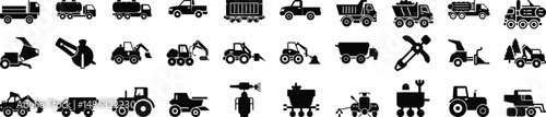 Vehicle agricultural forestry transport line icon set. Vector pictograms of skidder, trailer, irrigation, hose, seed, drill, grain, silage, fertilizer, livestock, thin linear illustration.