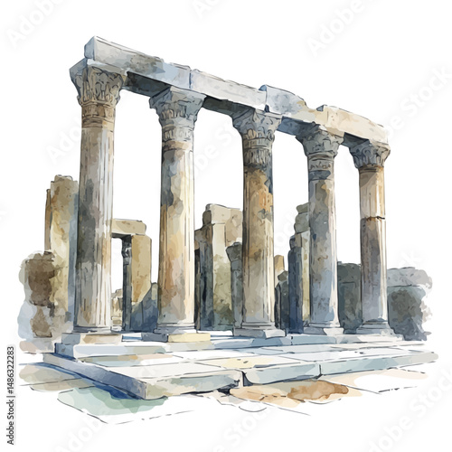 Persepolis Ruins In Persia, watercolor illustration vector, high quality, isolated on a white background.