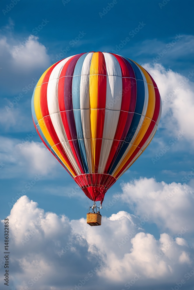 Naklejka premium Hot air balloon soaring in cloudy sky for travel advertising, summer fun