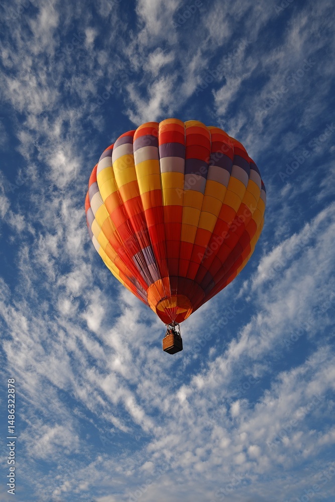 Fototapeta premium Hot air balloon soars in summer sky. Travel, adventure, escape, recreation
