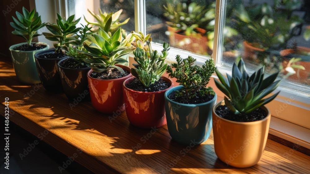 Fototapeta premium Brightly colored ceramic pots hold an assortment of cacti on a sunlit windowsill, where soft shadows dance across the wooden surface