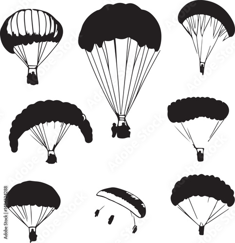 Black and White Parachute Silhouettes Vector Art Illustration
