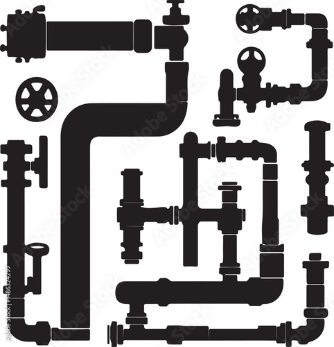Black and White Plumbing Pipes Vector Illustration Silhouette Design