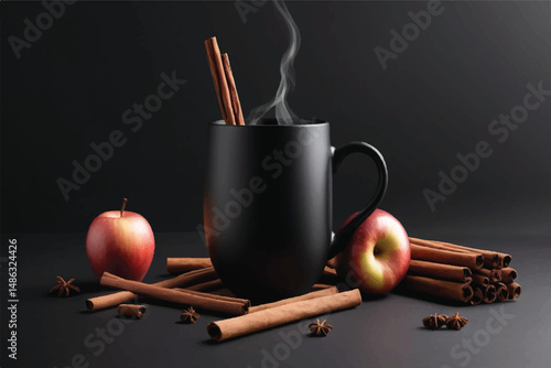 Warm Apple Cider in Black Mug with Cinnamon Stick