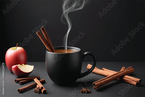 Warm Apple Cider in Black Mug with Cinnamon Stick
