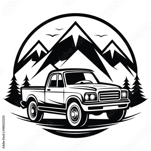 Retro Pickup Truck Black and White Illustration, Mountain Silhouette, Pine Trees & Birds