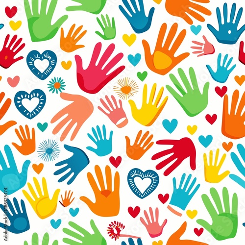Colorful handprints and hearts create a cheerful, uplifting pattern