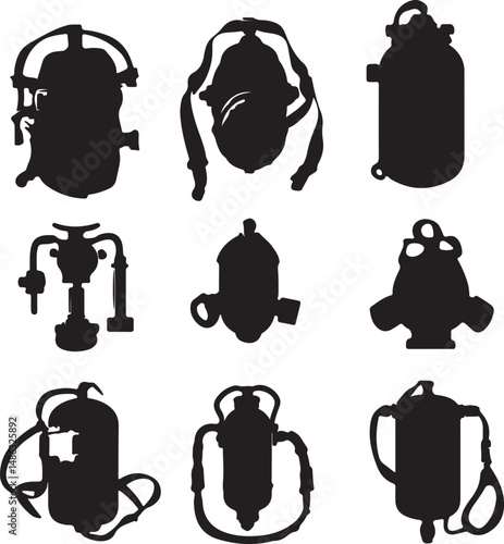 Black Silhouettes of Firefighter SCBA Equipment Collection