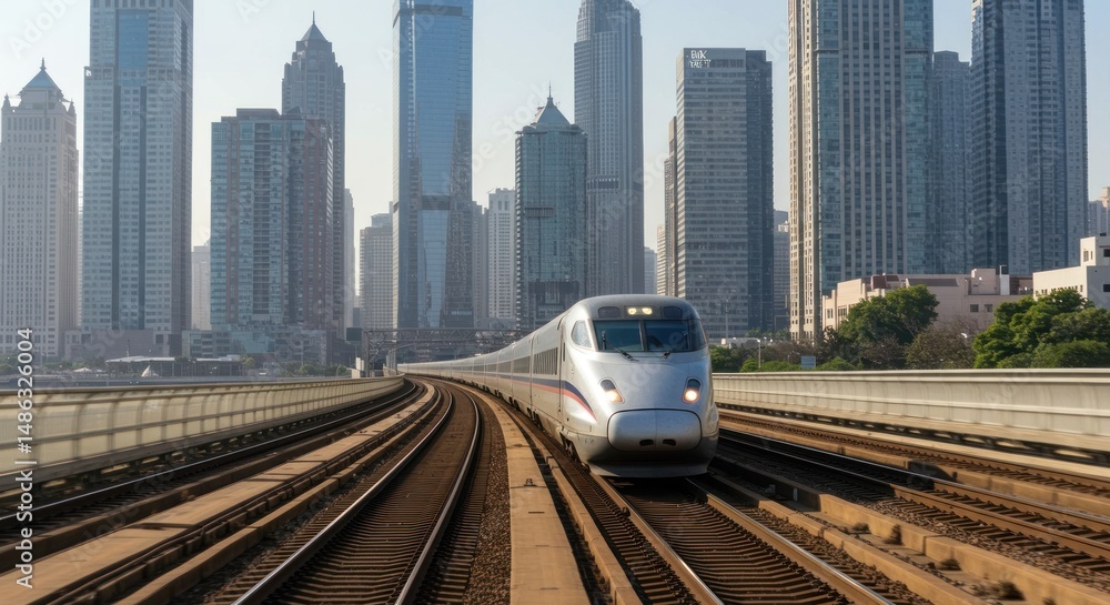 Naklejka premium Train on tracks with skyscrapers in the background during daytime.