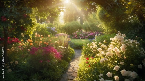 Fototapeta Naklejka Na Ścianę i Meble -  Sunlit Garden Path with Flowers, and Summer.
