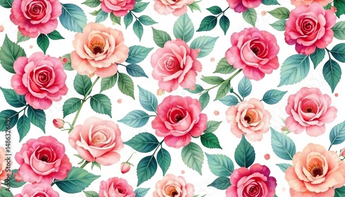 Delicate watercolor roses & leaves, repeating seamlessly , repeat, design, leaves