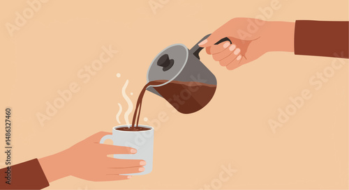 Pouring coffee from pot into cup with hands in warm tones  