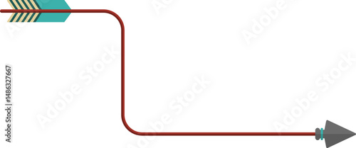 Wavy graphic line with a sinuous curve, in the shape of a tribal arrow with tip and feather traveling along paths of different geometric shapes, to point out elements in the graphic composition