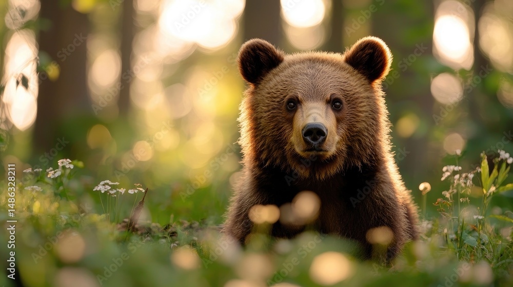 Fototapeta premium Majestic Brown Bear Staring in Sunlit Forest Surrounded by Flora