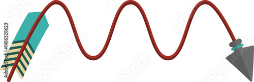 Wavy graphic line, in the shape of a tribal arrow with tip and feather traveling along paths of different geometric shapes, to point out elements of the graphic composition
