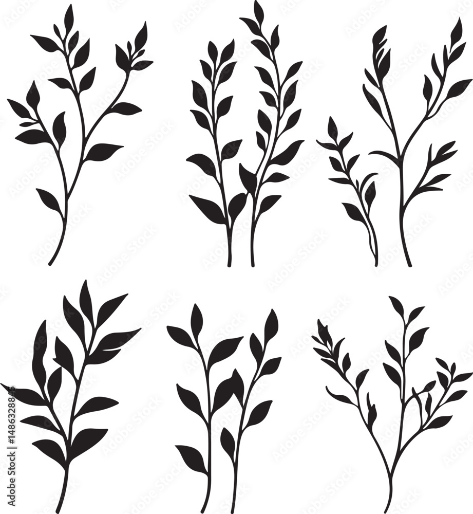 Fototapeta premium Black Botanical Leafy Branches Silhouette Vector Art