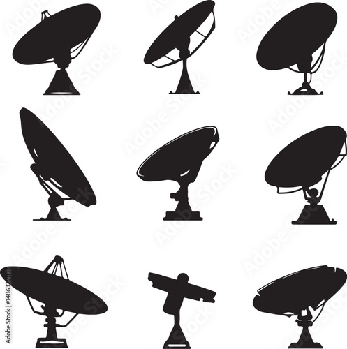 Satellite Dish Antenna Silhouettes Vector Set Communication Technology