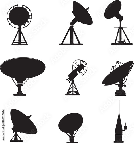 Satellite Dish Antenna Silhouettes: Radio Communication Icons Vector