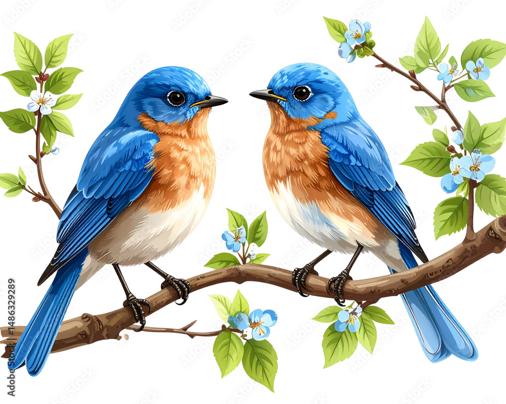 Obraz premium Two realistic bluebirds perched on branches, clip art style with isolated on a trasparent background