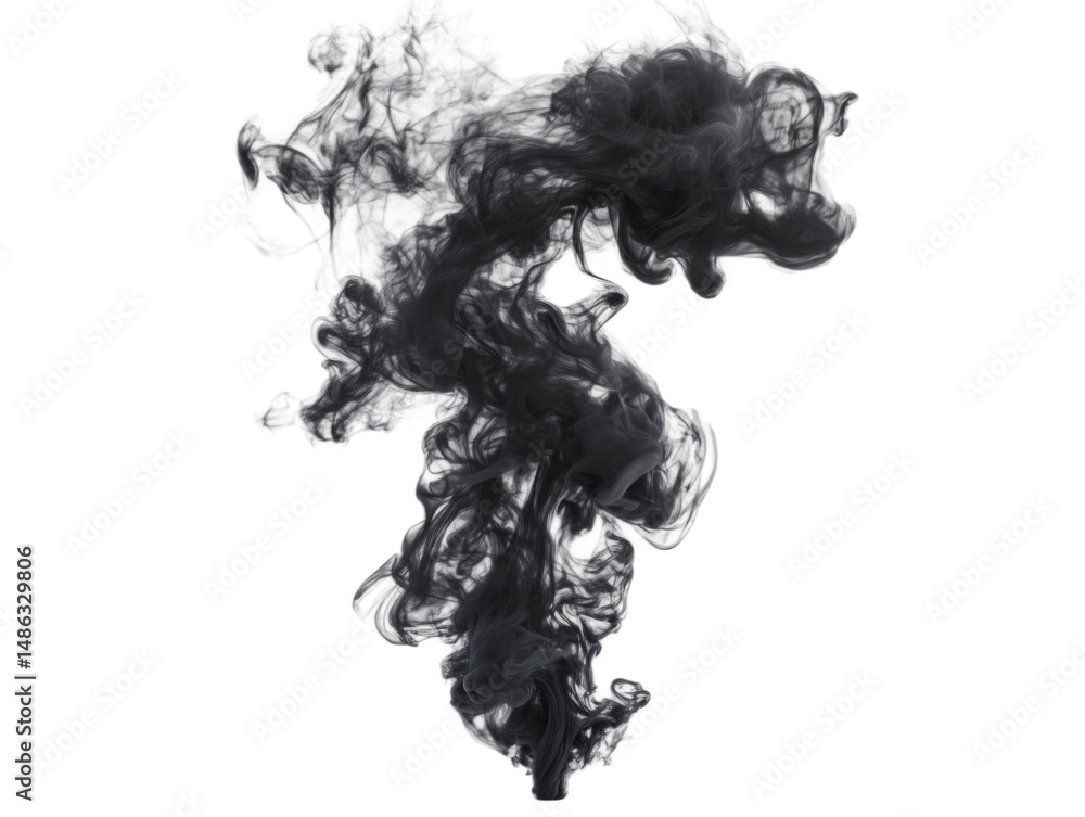 Fototapeta premium Black smoke swirling in abstract shape on white background for artistic design, isolated on transparent background, png