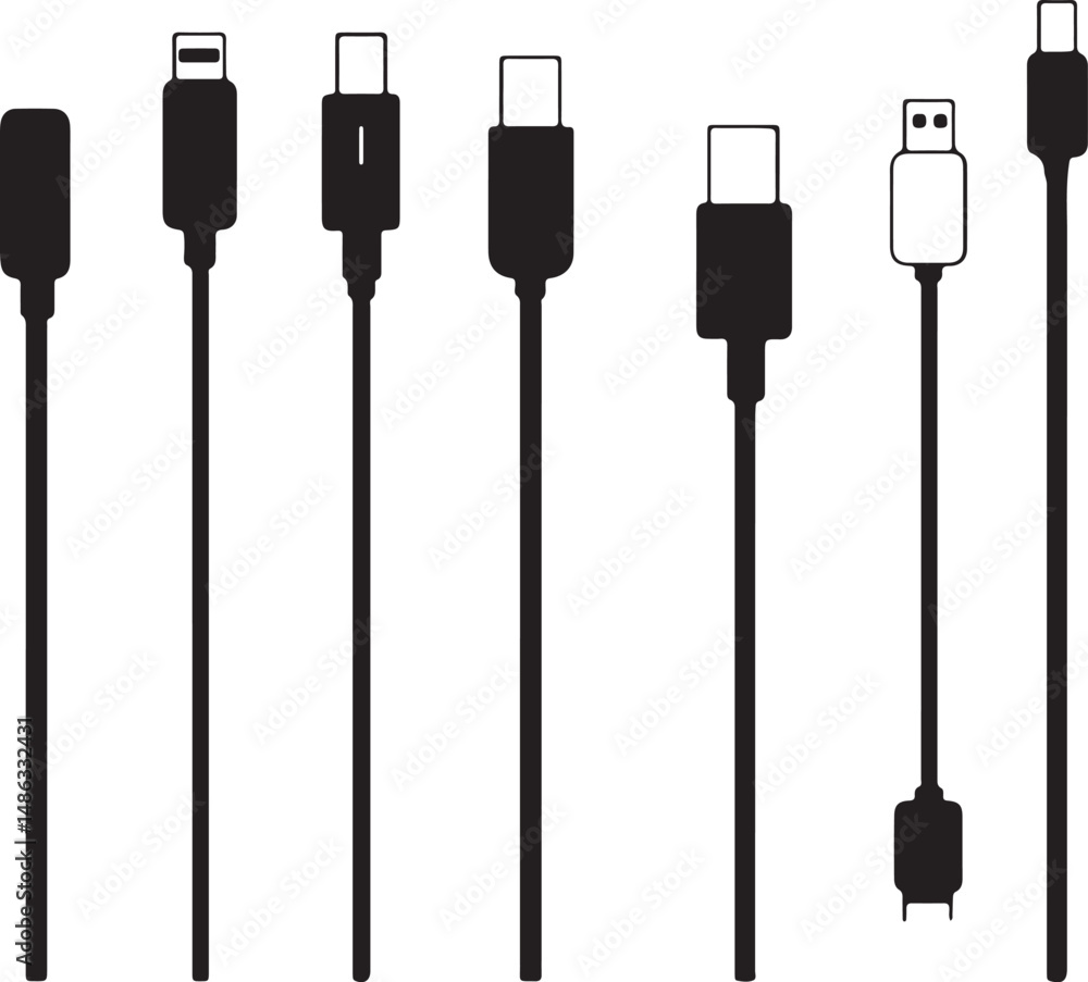 Naklejka premium Black Silhouette Cables: USB-C, Lightning, and More Charging Connectors