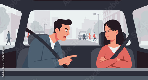 Man arguing with woman in car while driving through city street  