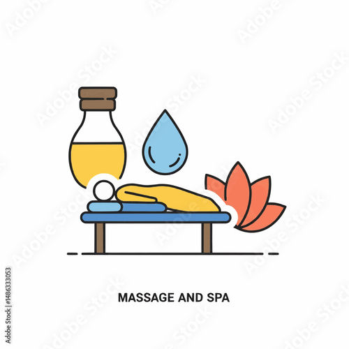 Relaxing massage scene featuring oil, water drop, and a flower, spa treatment concept 