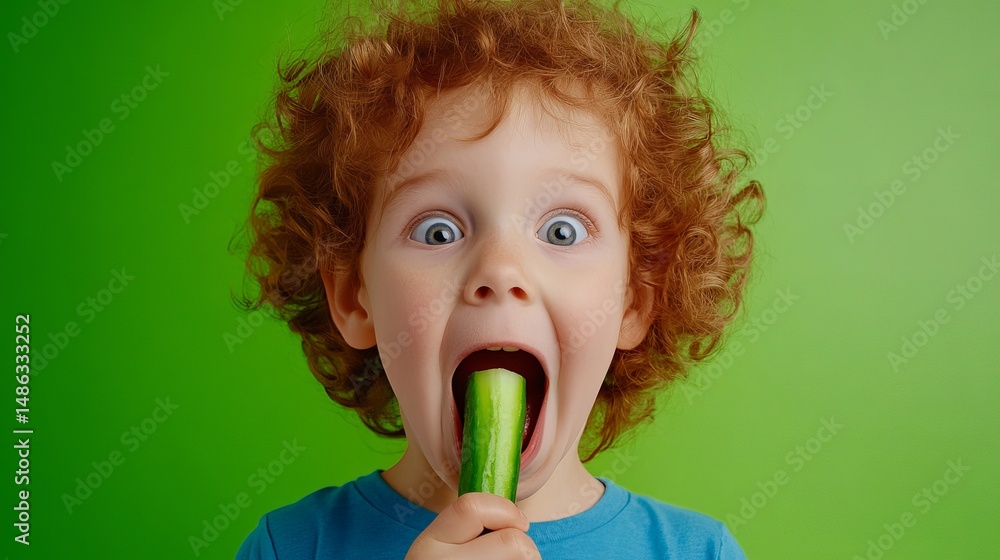 Redheaded Child is Eating a Cucumber against a Green Background with wide eyes and an open mouth! Redheaded Child is Eating a Cucumber against a Green Background with wide eyes and an open mouth!