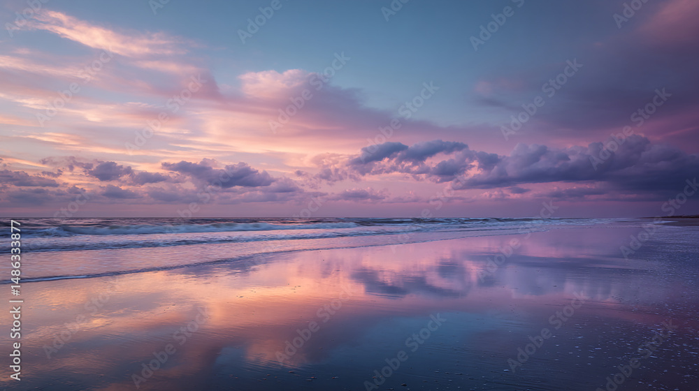 Beautiful sunset over a calm ocean with reflective waves at the beach Beautiful sunset over a calm ocean with reflective waves at the beach