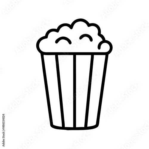 Minimalist black outline vector icon of a popcorn bucket, symbolizing cinema, movie, and entertainment in a clean and simple design.