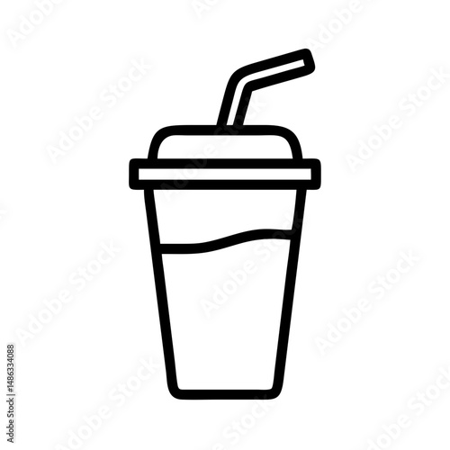 Minimalist black outline vector icon of a soda cup with straw, symbolizing beverage, summer refreshment, and fast food in a clean and simple design.