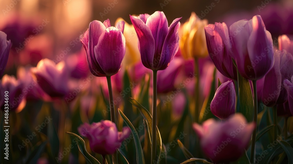 Obraz premium A romantic sunset tulip garden filled with golden light transitioning into deep pink and purple tones