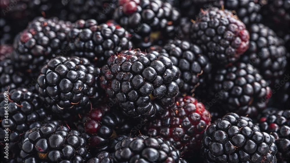 Close-up of fresh ripe blackberries texture. Detailed macro image of glossy ripe blackberries, emphasizing their rich color and texture, ideal for food, health, or diet content Close-up of fresh ripe blackberries texture. Detailed macro image of glossy ripe blackberries, emphasizing their rich color and texture, ideal for food, health, or diet content