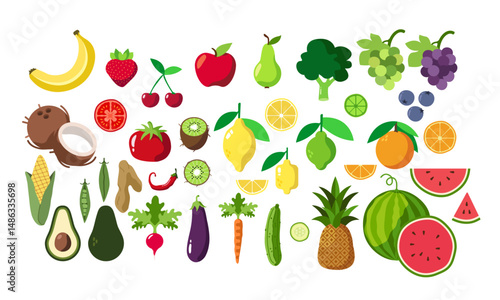 Wallpaper Mural Fruits and veggies vector vegan food set. illustration with vegetables, berries and fruits isolated. Grapes, Watermelon, Banana, Corn, Eggplant, Tomato, Cucumber. Torontodigital.ca