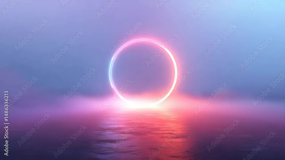 Pink and blue neon circle glows in a misty environment. Reflective surface enhances the vibrant light. Atmospheric, futuristic mood. Pink and blue neon circle glows in a misty environment. Reflective surface enhances the vibrant light. Atmospheric, futuristic mood.