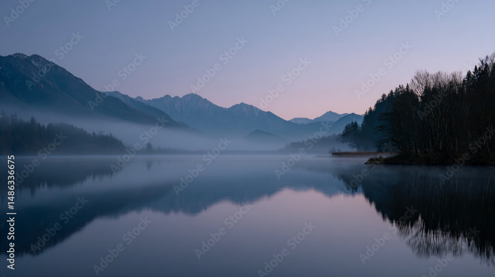 Fototapeta premium Serene morning mist over tranquil lake reflecting mountains at dawn