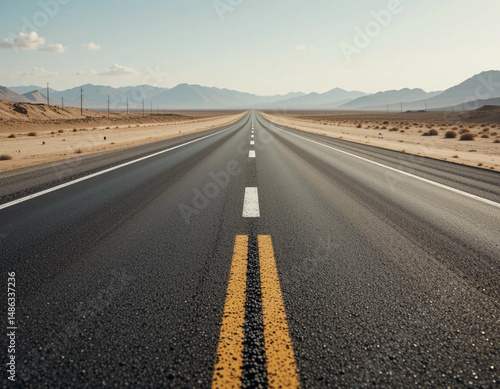 Scenic desert highway stretching to horizon, isolated empty road in barren landscape, adventure travel concept, minimal background, freedom on the road, open space journey