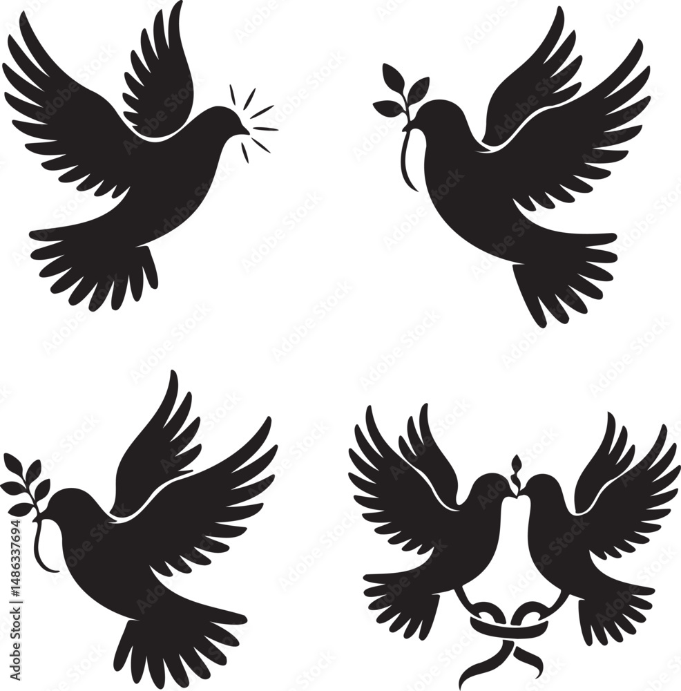 Fototapeta premium Dove silhouette set vector illustration isolated On Transparent Background