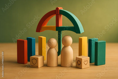 Realistic abstract human resource and protection concept with colored dominoes and wooden cubes forming a shelter over stylized wooden figures, warm lighting and greenish background