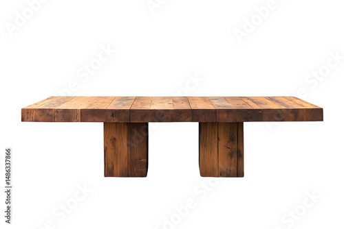 Rustic wooden coffee table with a wide, rectangular top supported by two thick, square legs.  The wood shows rich tones and texture