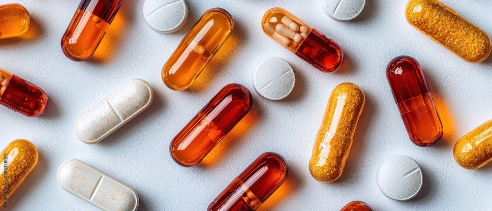 An overhead shot shows various pills and capsules, some transparent, revealing their contents. They are scattered on a white background An overhead shot shows various pills and capsules, some transparent, revealing their contents. They are scattered on a white background