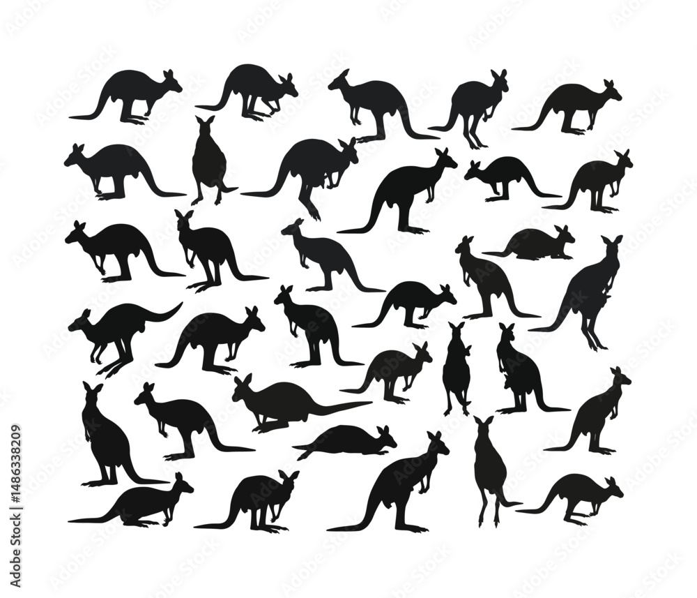 Fototapeta premium Kangaroo Silhouette Vector Icons Set – Standing, Jumping, Grazing, Australian Wildlife Animal Graphics .