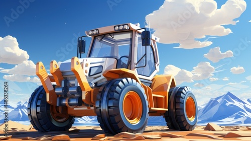 excavator in the desert. Stylized Farm Tractor Illustration